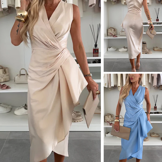 Last day! 💖 Satin V-neck pleated skirt 50% off, the irregular skirt hem is super beautiful.