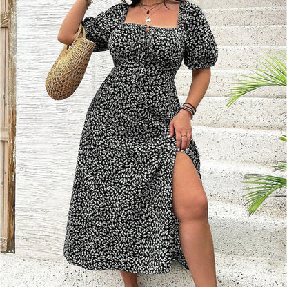 🌺2025 New Arrival💐💗Plus-size Short Sleeve Split Floral Print Dress
