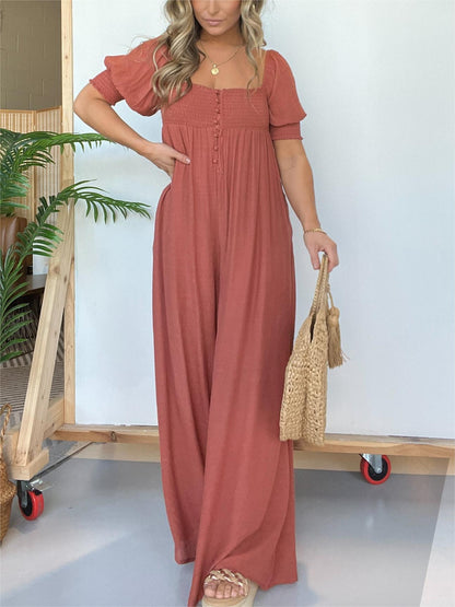 🔥 Square Neckline Jumpsuit with Smocked Bodice Button