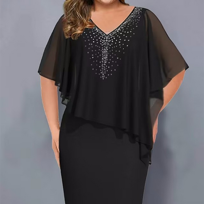 🎉50% OFF👗Rhinestone V-Neck Cape Dress with Chiffon Overlay