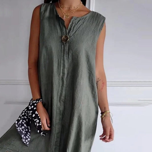 V-neck Cotton-Linen Sleeveless Dress