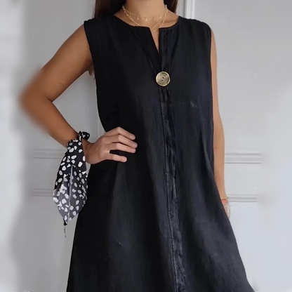 V-neck Cotton-Linen Sleeveless Dress
