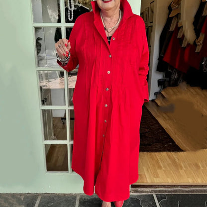 Women's Solid Long Sleeve V-Neck Button Down Dress