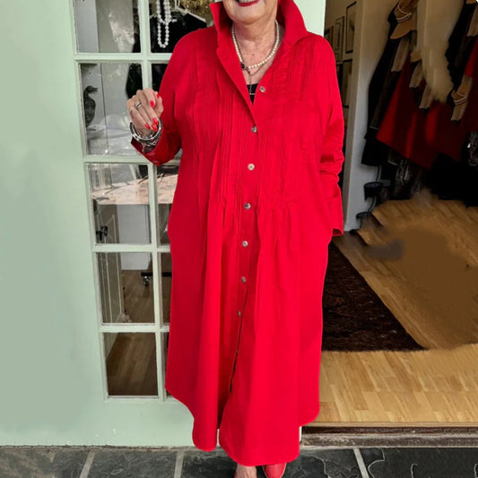 Women's Solid Long Sleeve V-Neck Button Down Dress