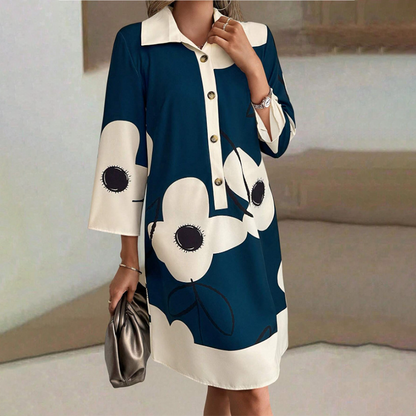 3/4 Sleeve Printed Lapel Midi Dress