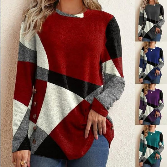 Ladies Button Geometric Contrast Loose Long Sleeve T-Shirt