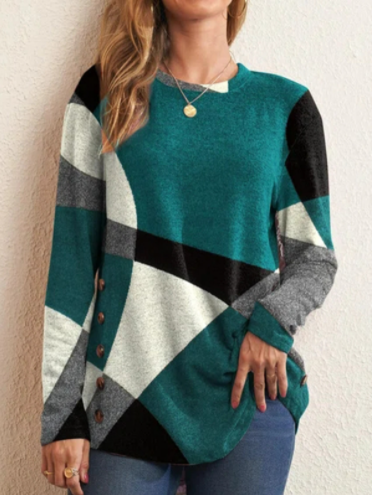 Ladies Button Geometric Contrast Loose Long Sleeve T-Shirt