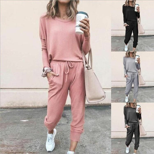 Women’s Solid Color Casual Set - Long Sleeve Top & Drawstring Pants