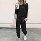Women’s Solid Color Casual Set - Long Sleeve Top & Drawstring Pants
