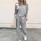Women’s Solid Color Casual Set - Long Sleeve Top & Drawstring Pants