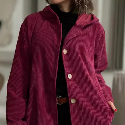Women's Oversized Hooded Corduroy Button Down Jacket