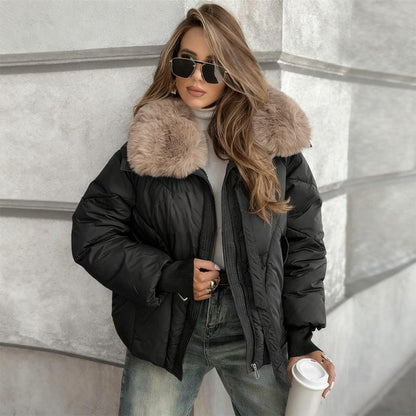 Women's Short Puffer Coat with Faux Fur Collar