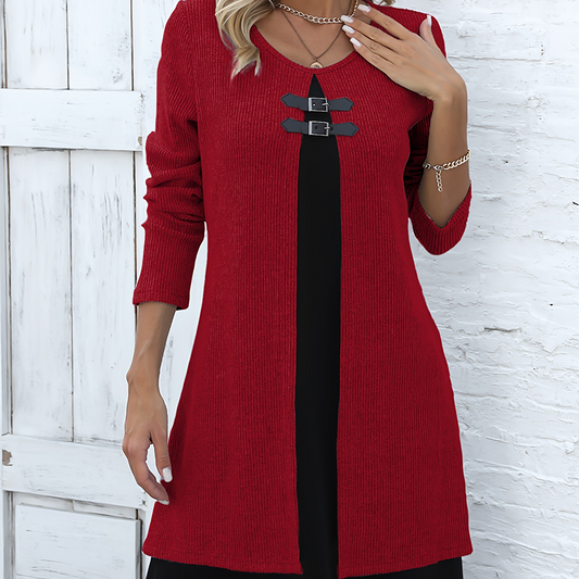 Effortless Elegance 👗 – The Faux Two-Piece A-Line Dress That Flatters Every Curve