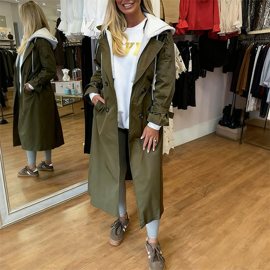 Women's Hooded Lapel Fake Two-Piece Casual Long Trench Coat