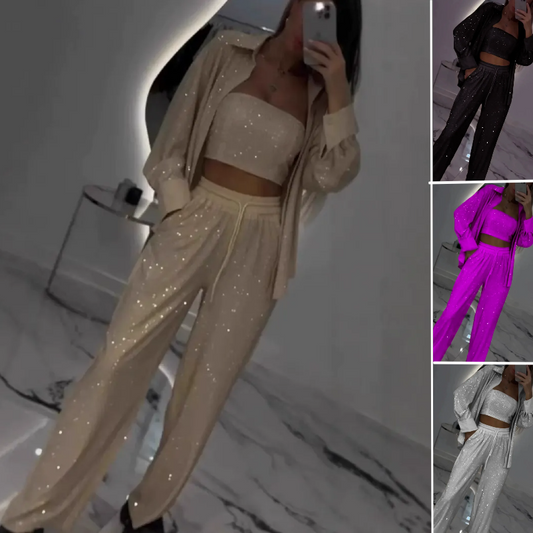 Women's Sequin Blazer & Wide-Leg Pants Three-Piece Set