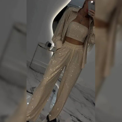 Women's Sequin Blazer & Wide-Leg Pants Three-Piece Set