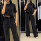 Women's Sparkling Rhinestone Striped Knit Two-Piece Set