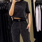 Women's Sparkling Rhinestone Striped Knit Two-Piece Set