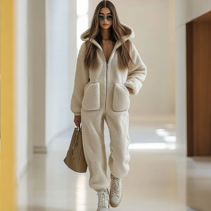 Women's Warm Zip-Up Hooded Jumpsuit with Pockets
