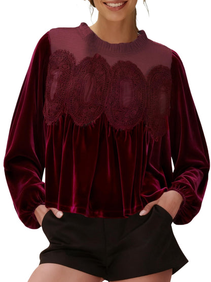 ✨Women's Long Sleeve Velvet Trim Lace Blouse Elegant Flared Swing Top