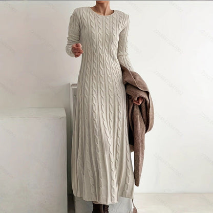 Women's Long Sleeve Cable-Knit Sweater Midi Dress