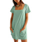 Women's Casual Square Neck Pocket Short Sleeve Dress