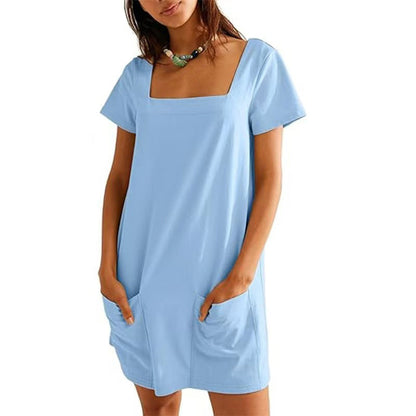 Women's Casual Square Neck Pocket Short Sleeve Dress
