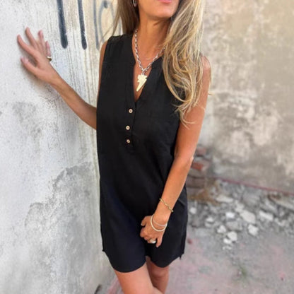 Solid Color Sleeveless V-neck Casual Pocket Mini Dress