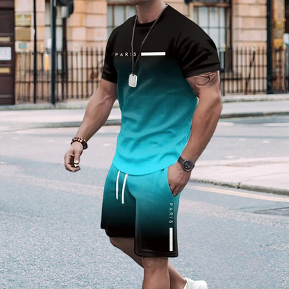 🏖️⏳SUMMER SALE: ONLY ￡14.99!!😎Men's Gradient Color T-Shirt & Shorts Set