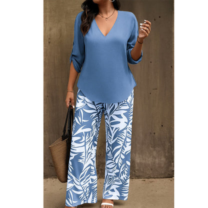 📢📢50% OFF !! ⏰Women's V-Neck Blouse & Printed Wide-Leg Pants Set