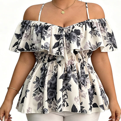 Women's Plus Size Printed Off-Shoulder Ruffle Cami Top