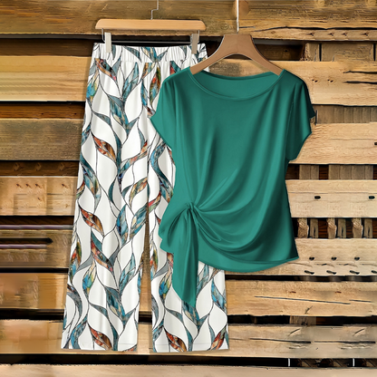 Women's Tie-Knot Top & Printed Wide-Leg Pants Set