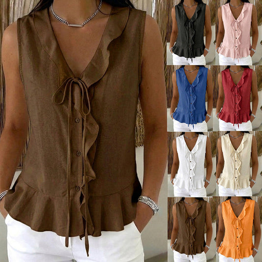 Women's Sleeveless Ruffle Trim V-Neck Top