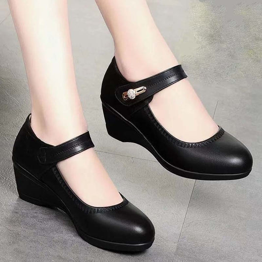Women's Leather Mid Heel Shoes with Non Slip Sole for Comfortable Everyday Wear