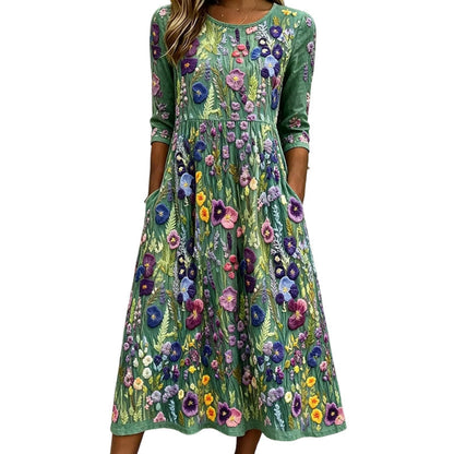 ✨🌺Women's Floral Print 3/4 Sleeve Midi Dress with Pockets