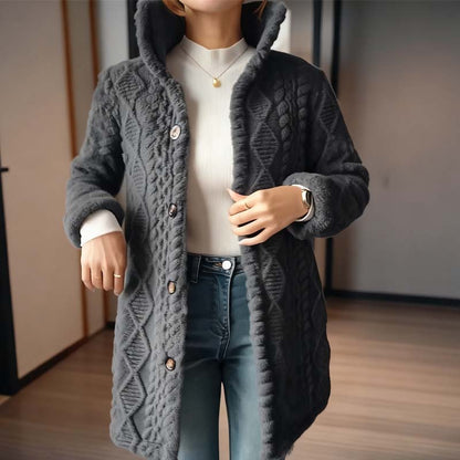Women’s Knitted Mid-Length Outerwear with Stand Collar