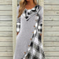Plaid Patchwork Asymmetrical Neck Long Sleeve Dress