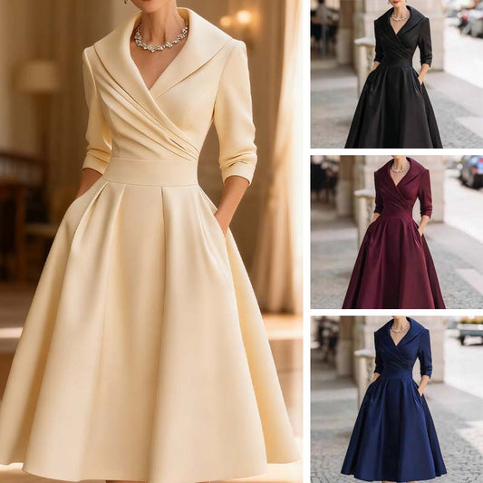 Women's Long-Sleeve Pleated A-Line Midi Dress