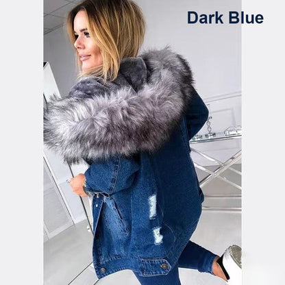 [Best Gift] Women's Warm Thick Faux Fur Collar Hooded Denim Jacket