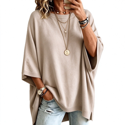 Women's Oversized Loose Batwing Sleeve Poncho Knit Sweater with Ribbed Cuffs and Crew Neck