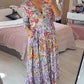 Casual floral print V-neck waist wrap long dress