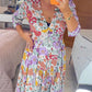 Casual floral print V-neck waist wrap long dress