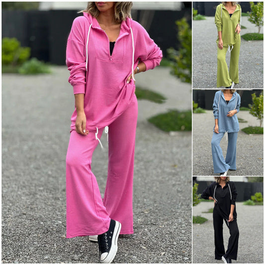 Solid color hooded top & casual trousers set