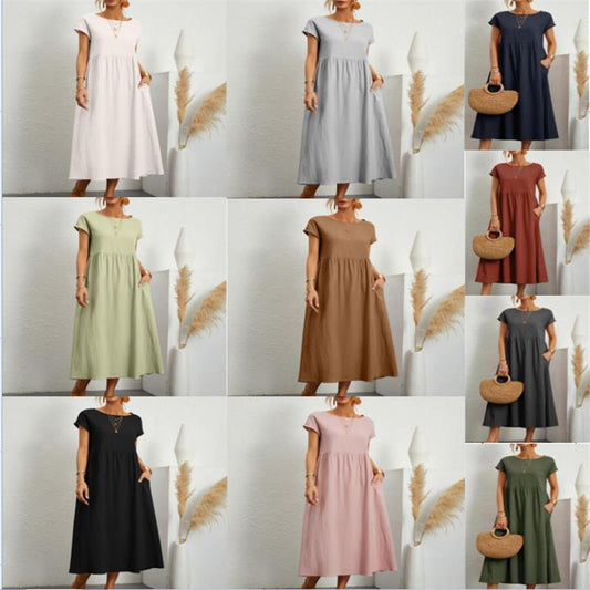 🔥Last Day Sale 49%🔥Spring Fashion Solid Color Cotton Linen Pocket Dress